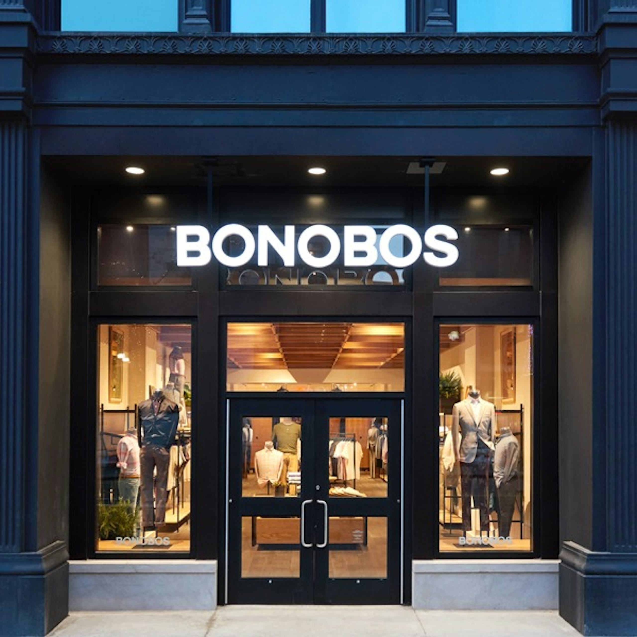 Image of Woodward Ave, Detroit Bonobos Store displaying casual shirts, chinos, and menswear.