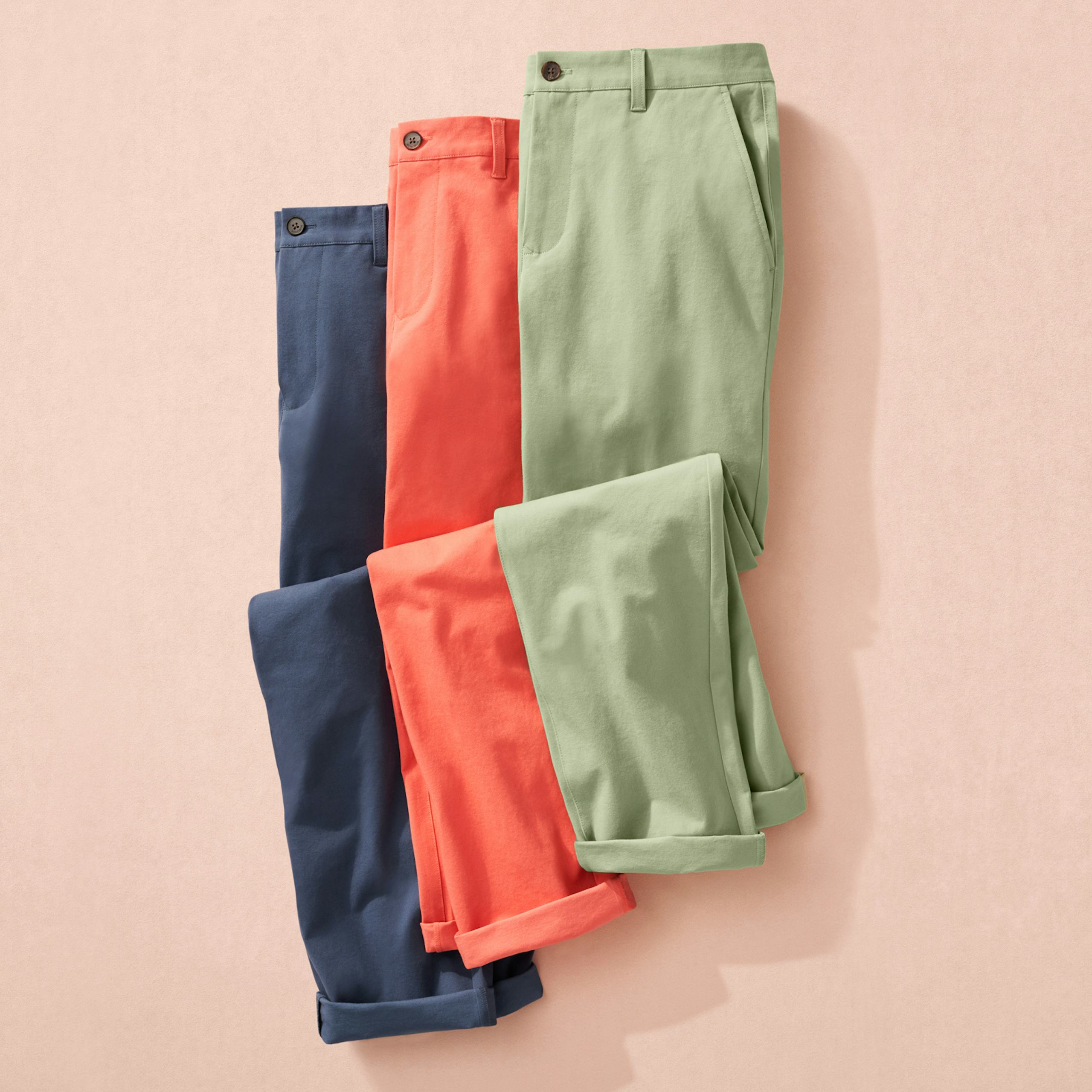 3 pairs of overlapping blue, red, and green chinos