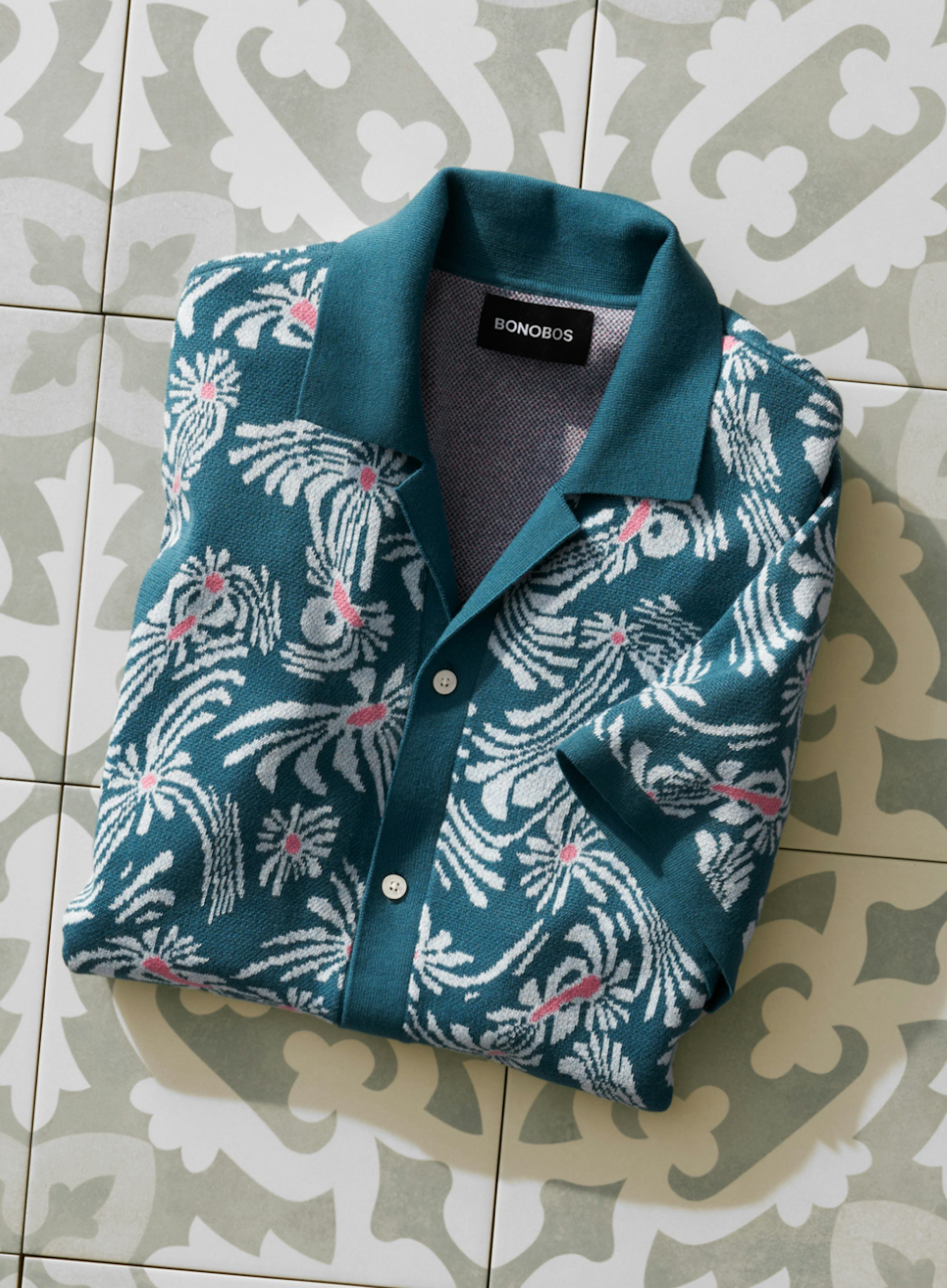 Trippy Floral Cabana Sweater Polo in Blue And Pink Trippy Floral on geo tile background