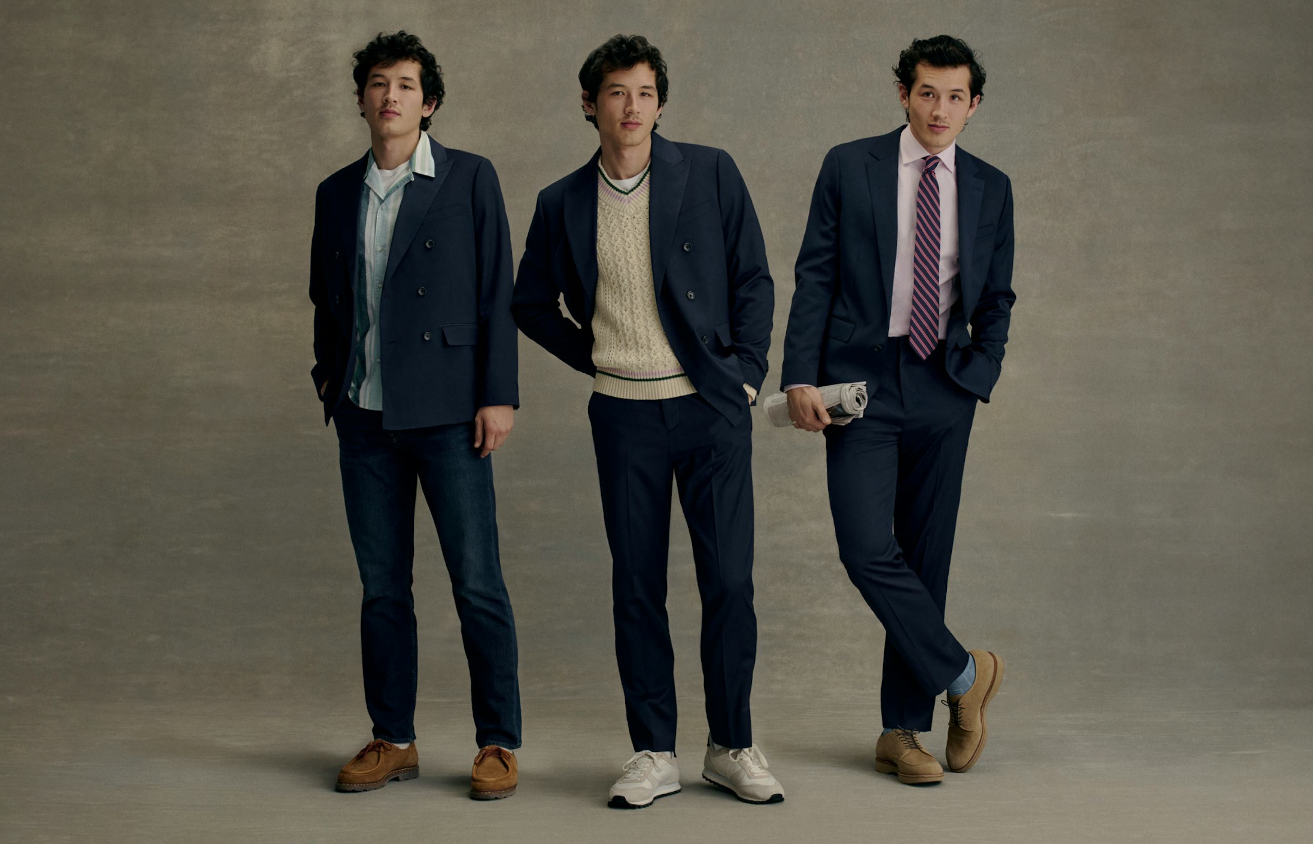 Model wearing men's suit styled 3 different ways