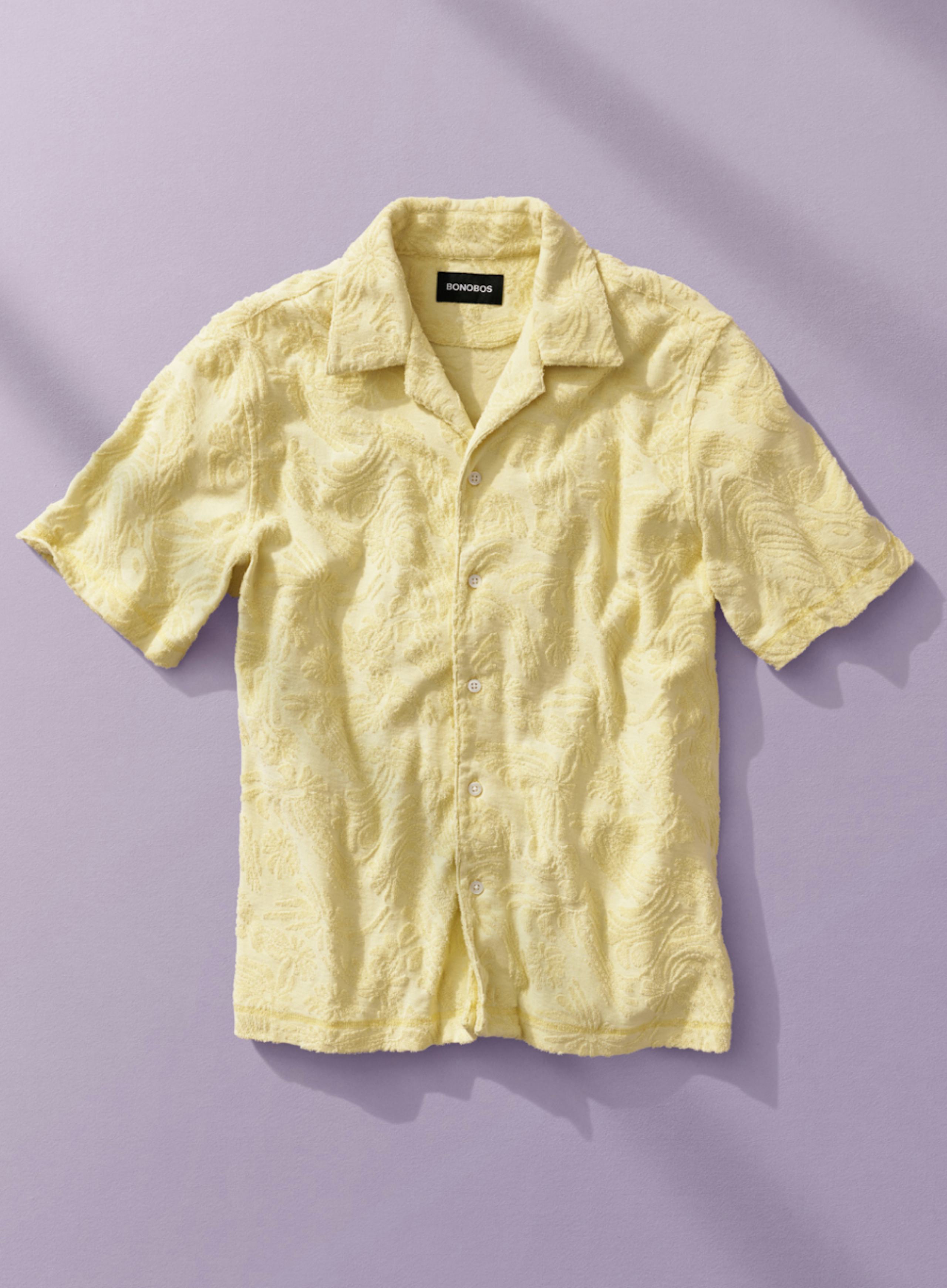 Riviera Cabana Terry Shirt in Lemon Lime Trippy Floral on purple background