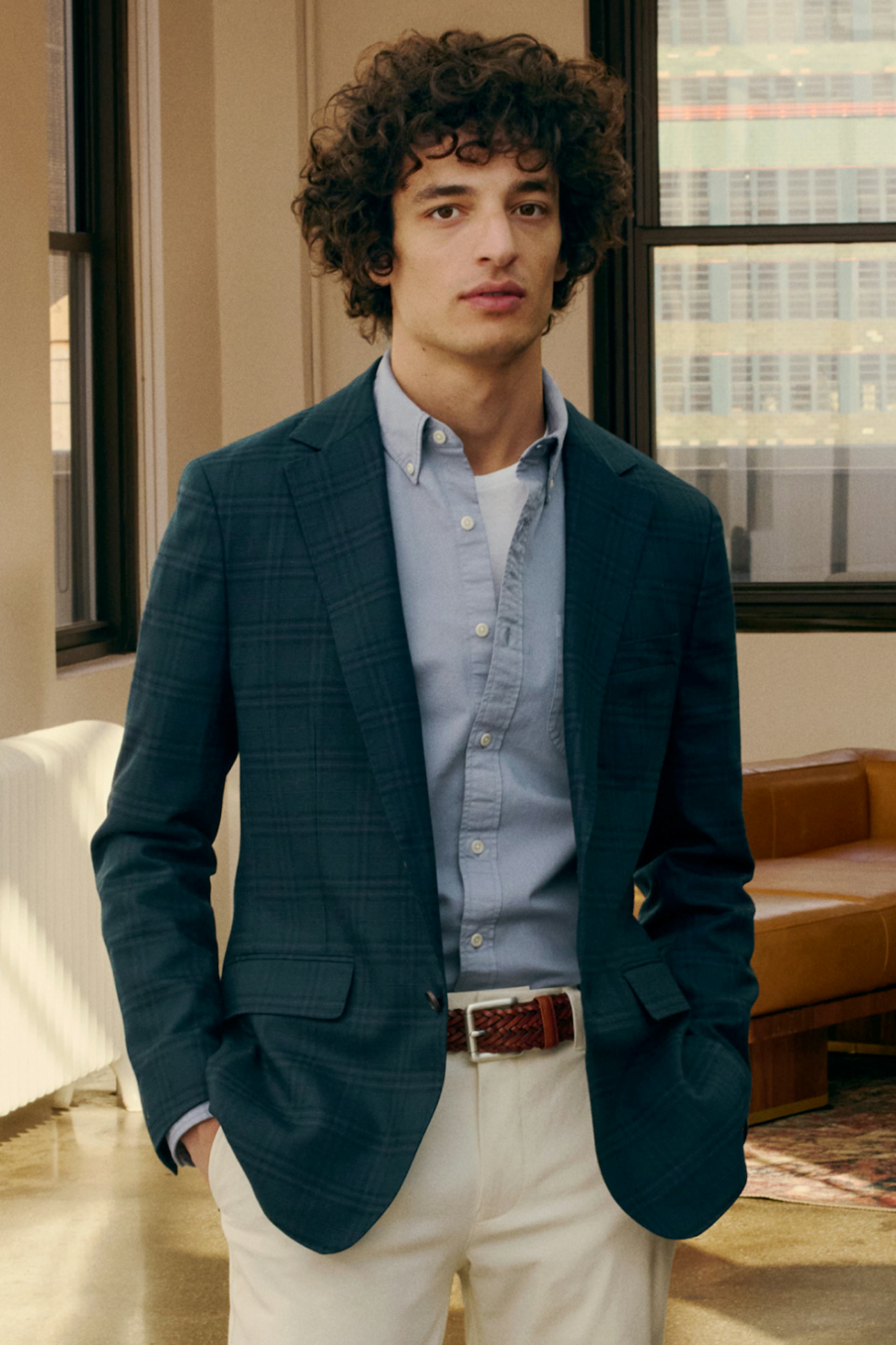 image of model wearing a green plaid Jetsetter Unconstructed Blazer